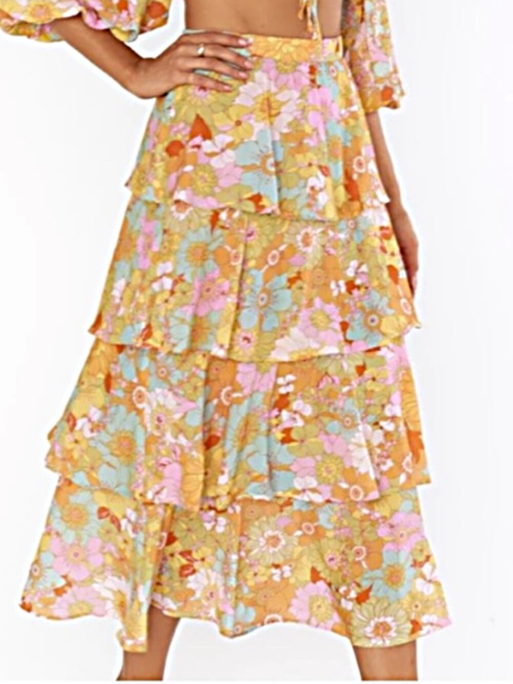 Show Me Your MuMu Jasmine Tiered Ruffle Hibiscus Daze Skirt S - Picture 7 of 7